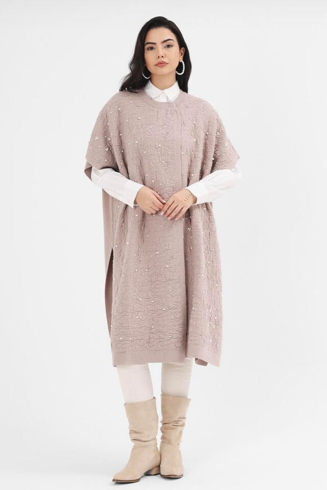 Pudra Pembe Kabartma Desenli İncili Kepenek Panço - Triko Şık Oversize Model