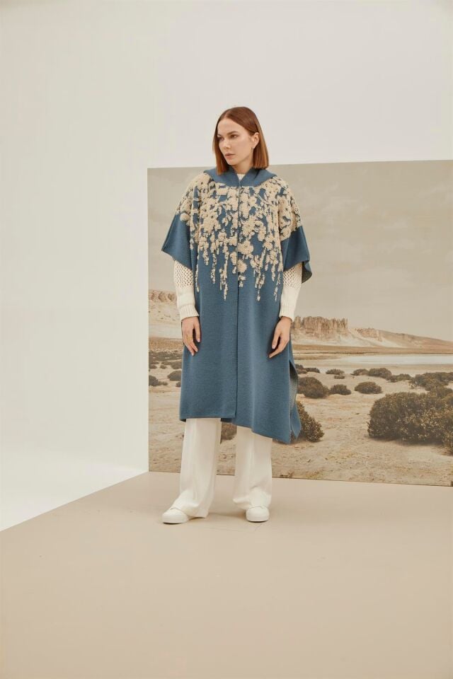 İndigo Taş Çiçek Desenli Panço