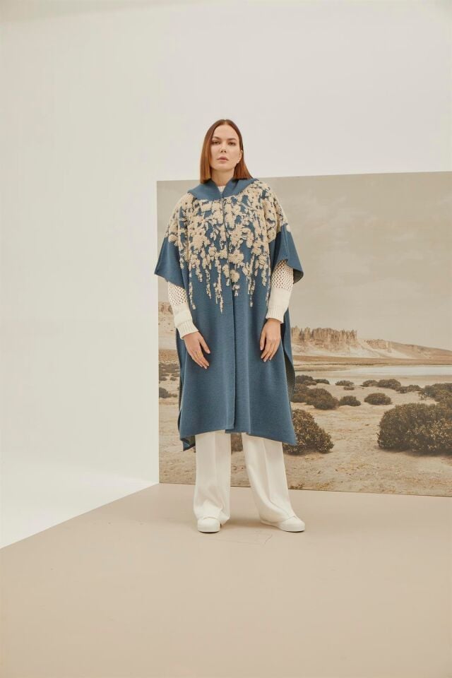 İndigo Taş Çiçek Desenli Panço