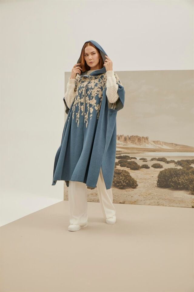 İndigo Taş Çiçek Desenli Panço