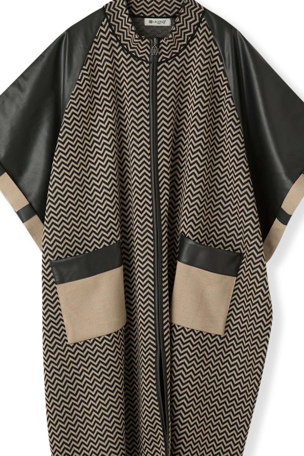 Kadın Kum Deri Detaylı Fermuarlı Panço