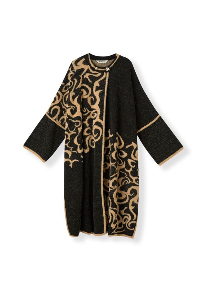 Kemik Siyah Vizon Düğmeli Yumuşak Dokulu Kepenek Kadın Panço