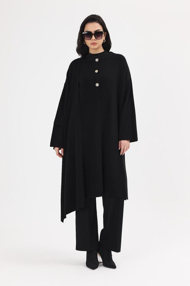 Kadın Siyah Şallı Düğmeli Uzun Triko Hırka