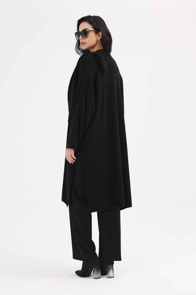 Kadın Siyah Şallı Düğmeli Uzun Triko Hırka