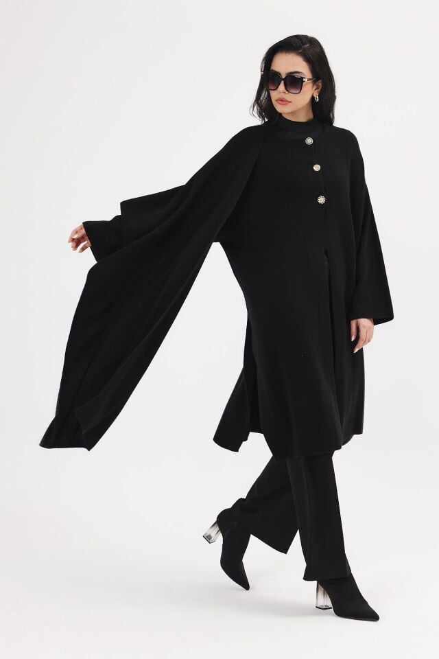 Kadın Siyah Şallı Düğmeli Uzun Triko Hırka