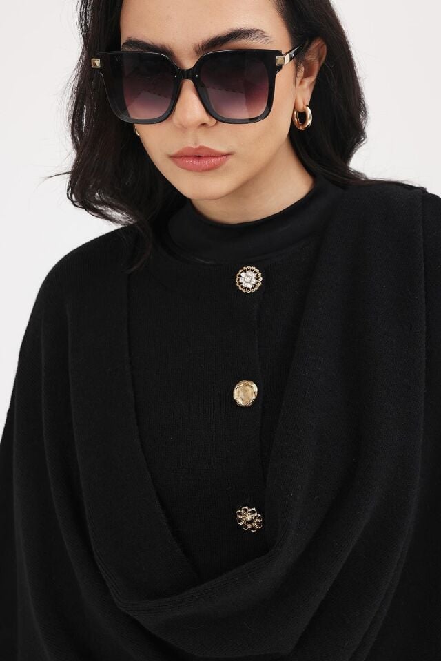 Kadın Siyah Şallı Düğmeli Uzun Triko Hırka