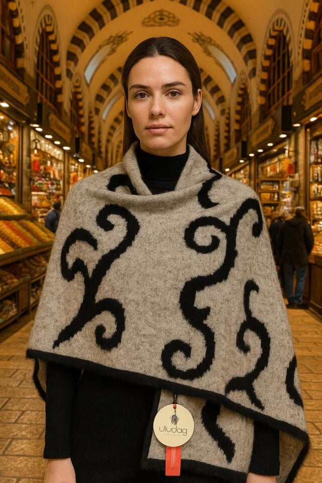 Kadın kahve desen Dokulu Omuz Şalı