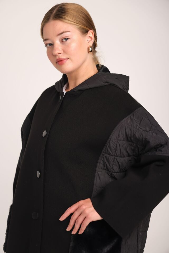 Kadın Siyah Kapitone Kapüşonlu Triko Kışlık Mont Panço