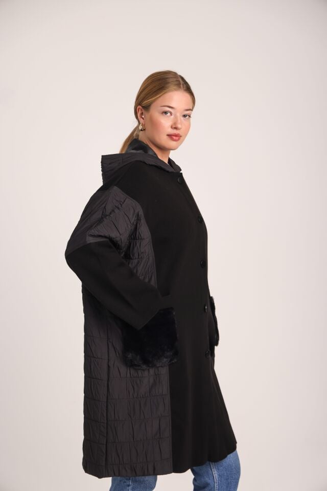 Kadın Siyah Kapitone Kapüşonlu Triko Kışlık Mont Panço