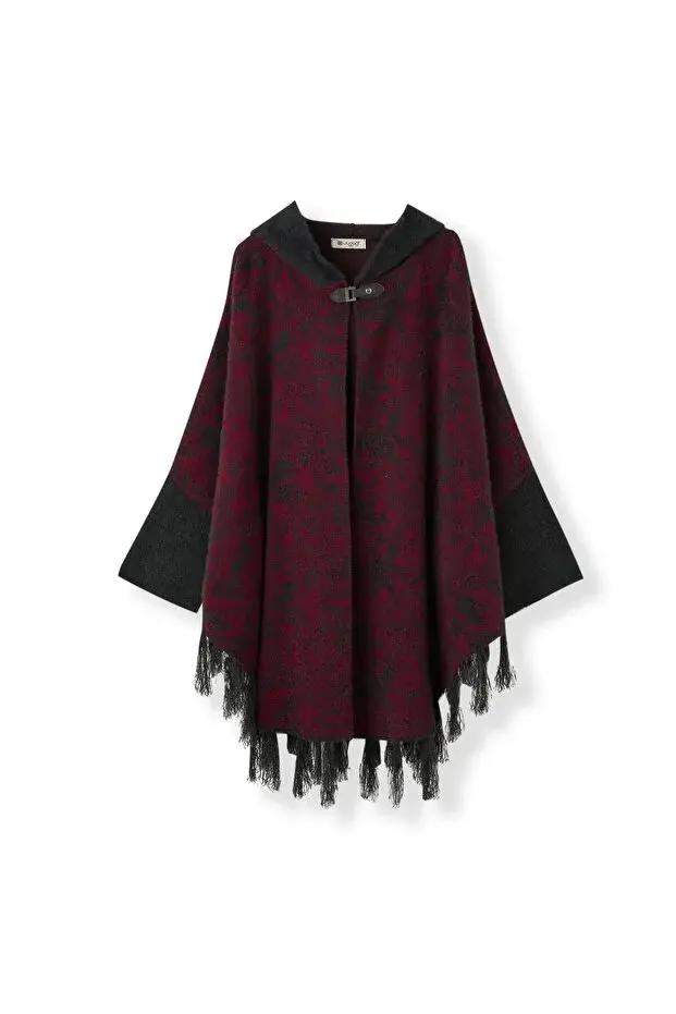 Kadın Siyah Bordo Kapüşonlu Havlu Panço