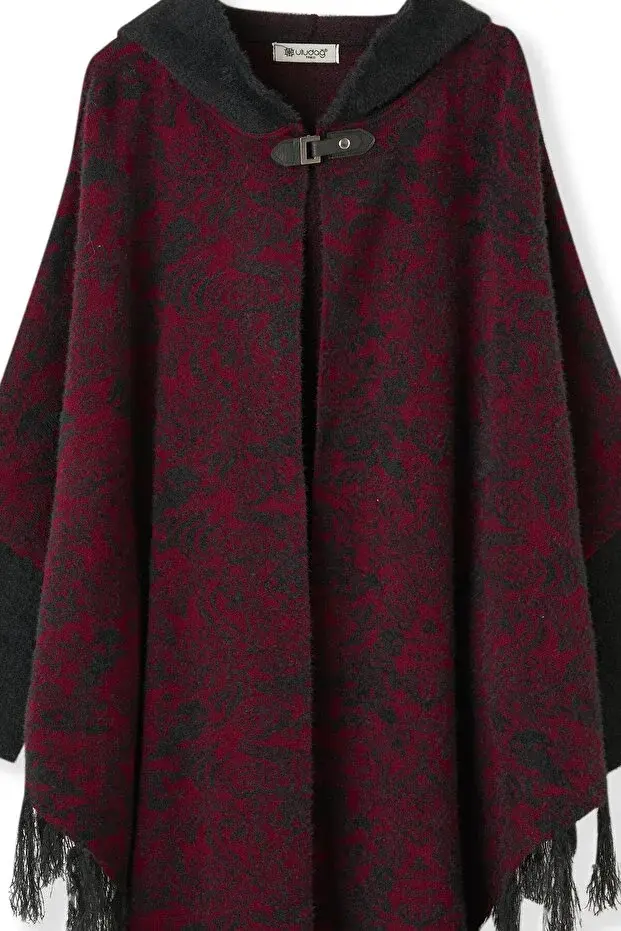 Kadın Siyah Bordo Kapüşonlu Havlu Panço