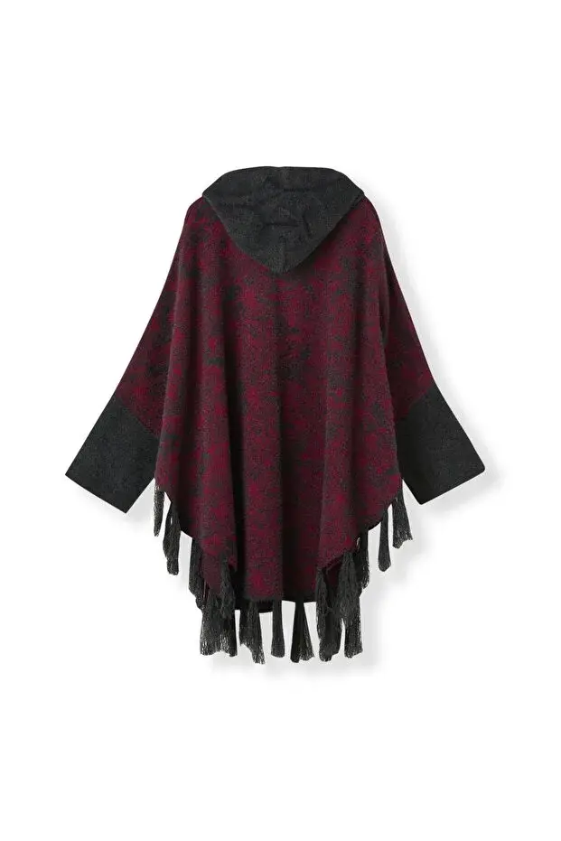 Kadın Siyah Bordo Kapüşonlu Havlu Panço