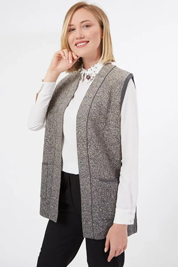 Kadın Füme Cepli Kolsuz Triko Örme Yelek