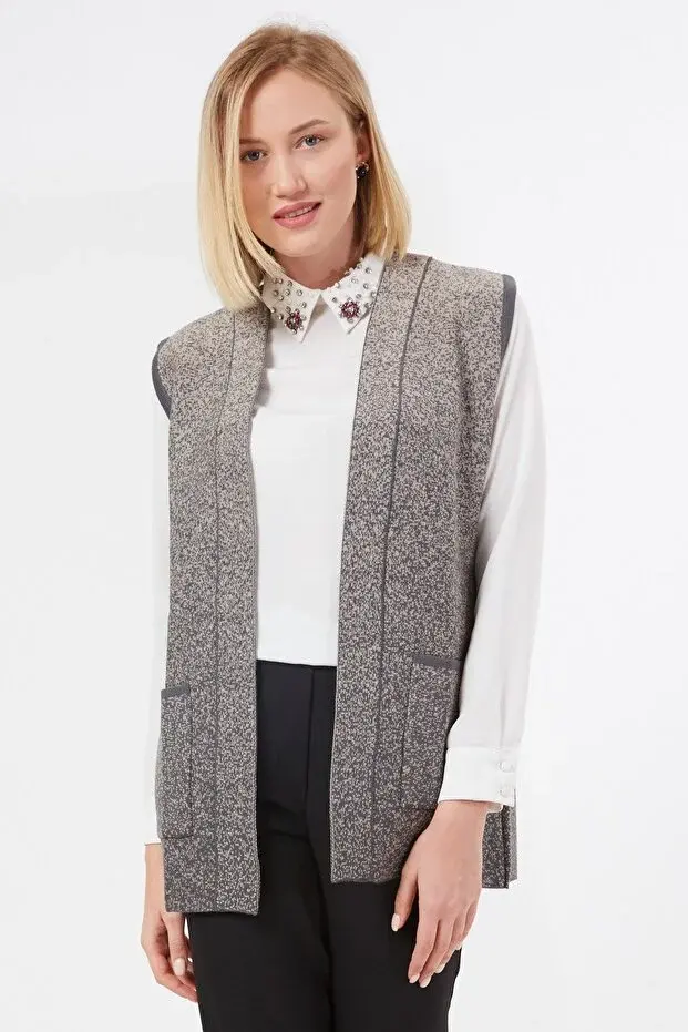 Kadın Füme Cepli Kolsuz Triko Örme Yelek