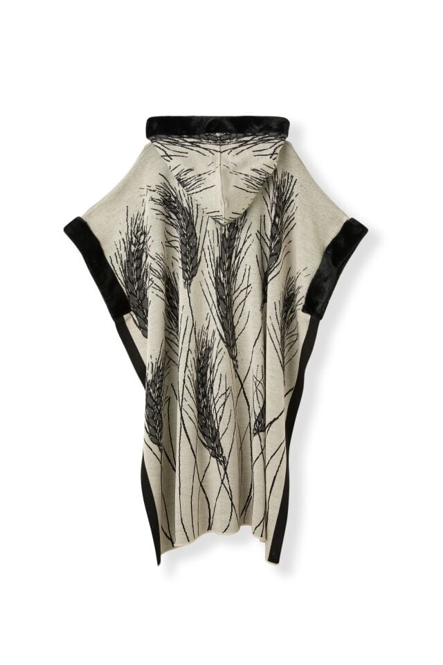 Kadın Kemik Başak Desenli Kapüşonlu Kürklü Panço