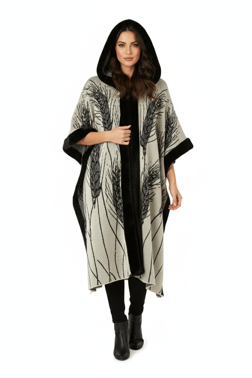 Kadın Kemik Başak Desenli Kapüşonlu Kürklü Panço
