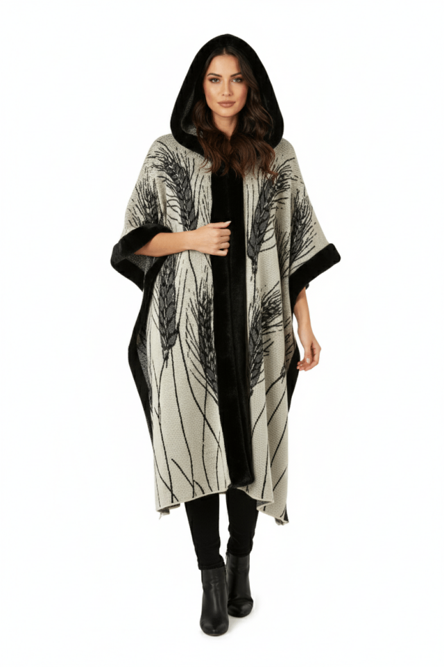 Kadın Kemik Başak Desenli Kapüşonlu Kürklü Panço