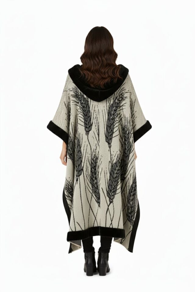 Kadın Kemik Başak Desenli Kapüşonlu Kürklü Panço