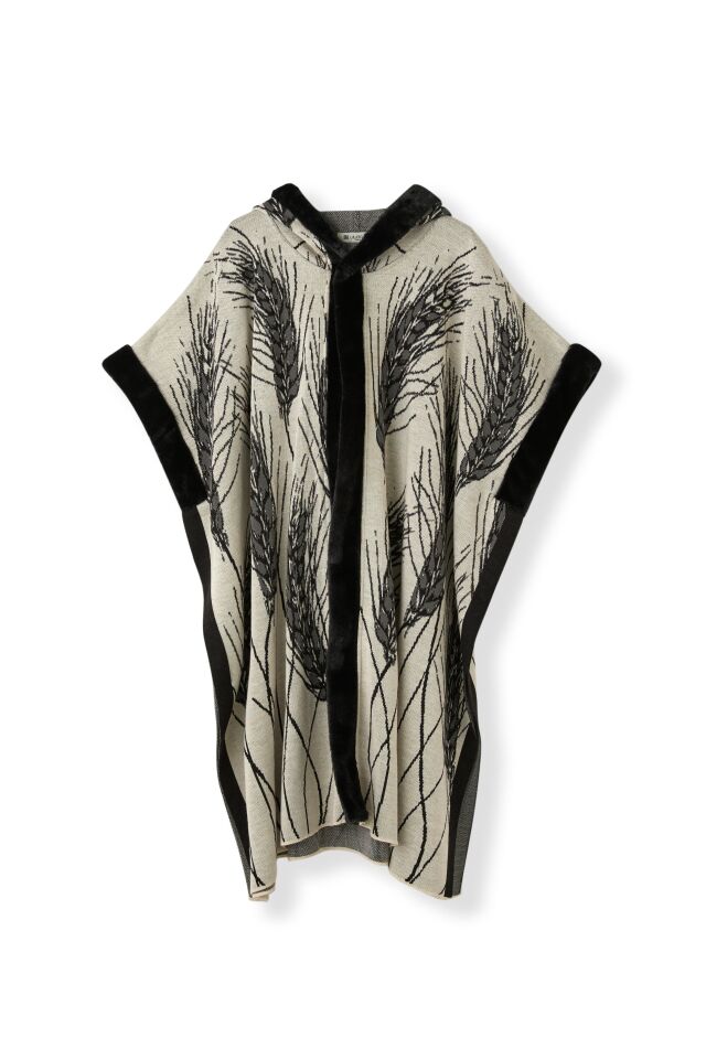 Kadın Kemik Başak Desenli Kapüşonlu Kürklü Panço