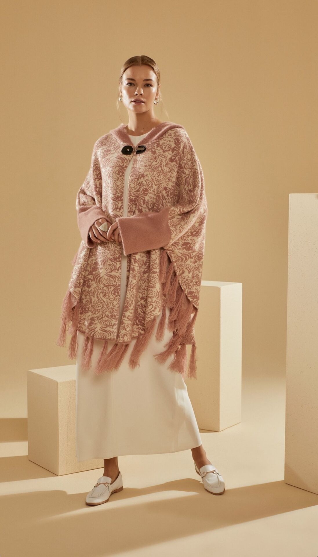 Kadın Pudra Krem Kapüşonlu Havlu Panço